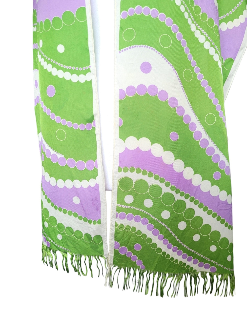 Vintage Mod 60s Op Art Green & Lavender Long Fringe Scarf - Picture 5 of 11
